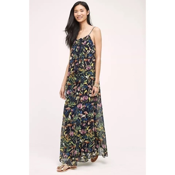 NWT!! Anthropologie TRYB Nightflora Maxi Dress Mushroom Floral Print Medium - Picture 1 of 16